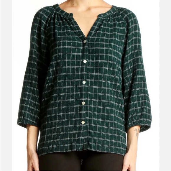 J. Jill plaid 3/4 length sleeve v neck button down top. Dark green. Classic. PXL - Picture 1 of 9